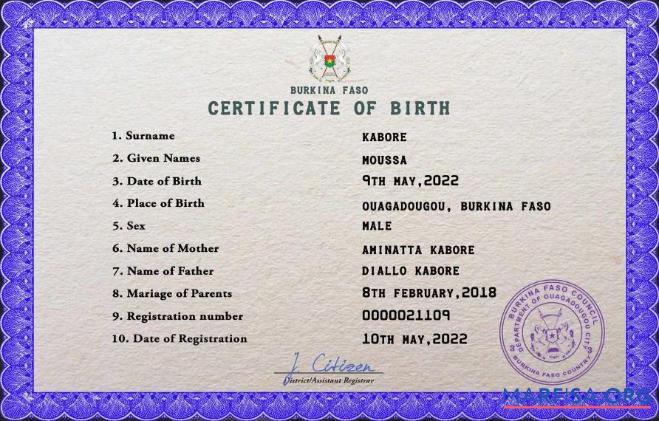 Blank Burkina Faso vital record birth certificate PSD template